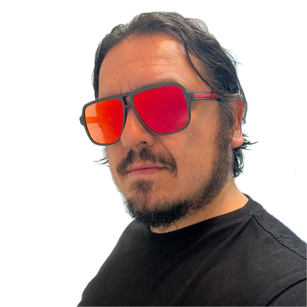 Square Aviator Sunglasses‎ Black Frame Red Mirrored Lens Fashion Sun Glasses